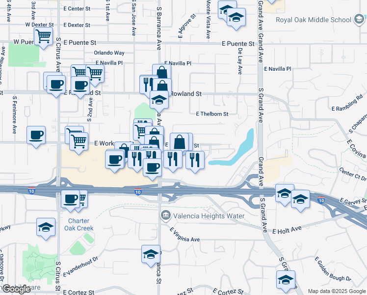 map of restaurants, bars, coffee shops, grocery stores, and more near 632 East Workman Street in Covina