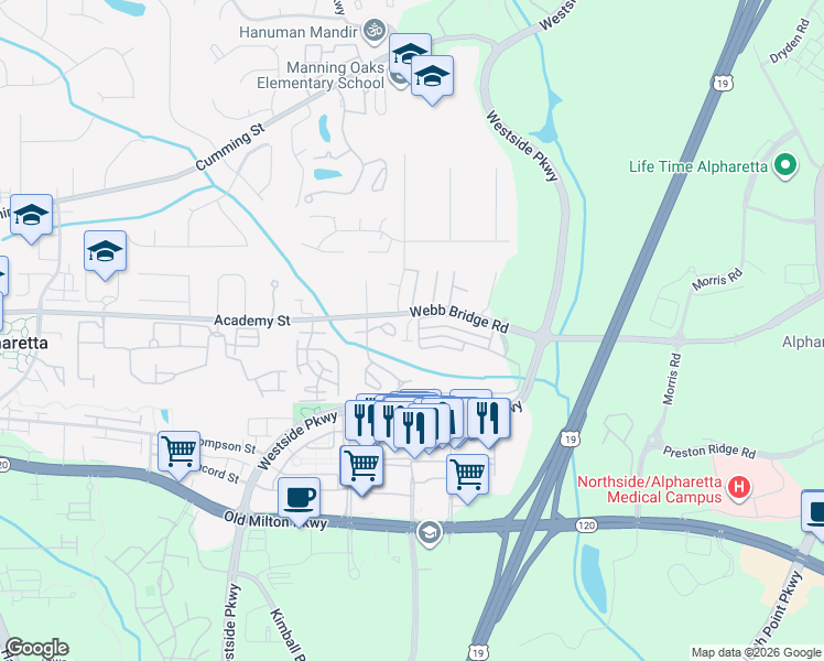 map of restaurants, bars, coffee shops, grocery stores, and more near 6115 Woodland Lane in Alpharetta