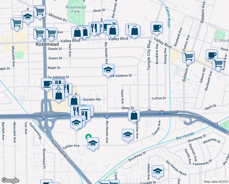 map of restaurants, bars, coffee shops, grocery stores, and more near 3565 Lashbrook Avenue in Rosemead