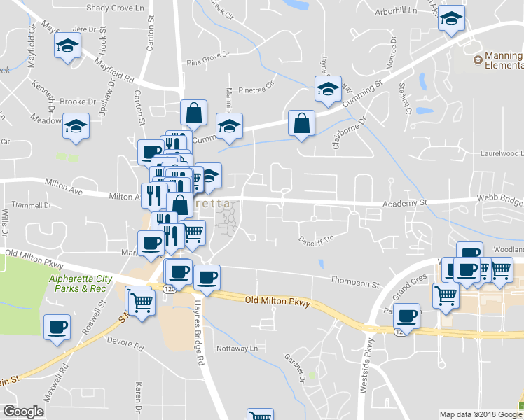 map of restaurants, bars, coffee shops, grocery stores, and more near 12545 Wexcroft Lane in Alpharetta