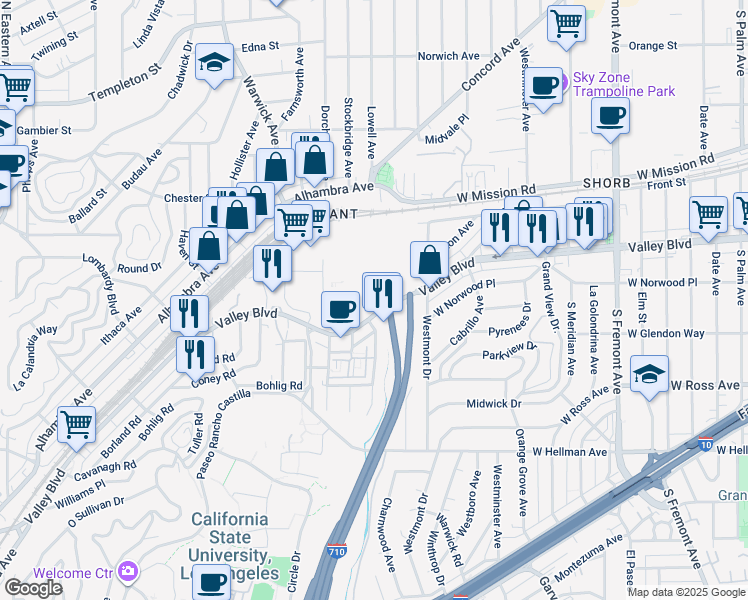 map of restaurants, bars, coffee shops, grocery stores, and more near 5555 East Valley Boulevard in Los Angeles
