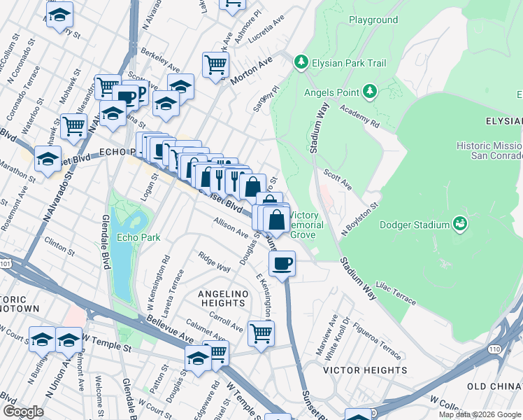 map of restaurants, bars, coffee shops, grocery stores, and more near 1325 Quintero Street in Los Angeles