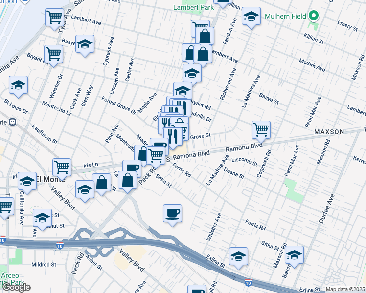 map of restaurants, bars, coffee shops, grocery stores, and more near 11656 Forest Grove Street in El Monte