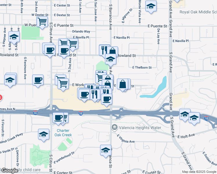 map of restaurants, bars, coffee shops, grocery stores, and more near 2980 East Workman Avenue in West Covina