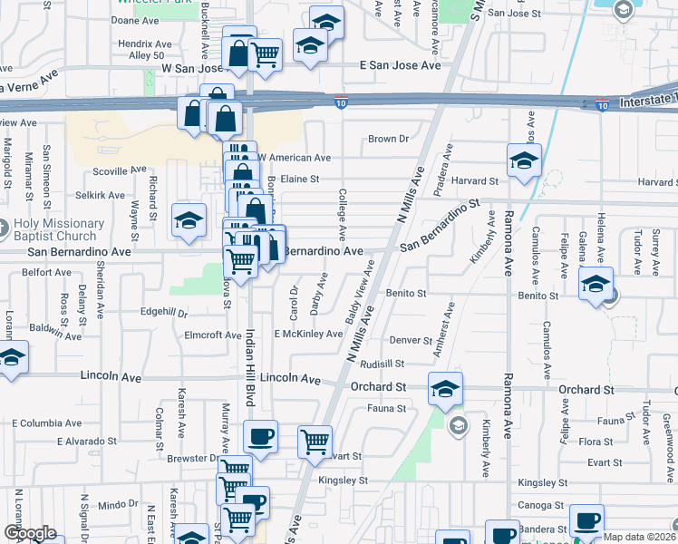 map of restaurants, bars, coffee shops, grocery stores, and more near 1776 San Bernardino Avenue in Pomona
