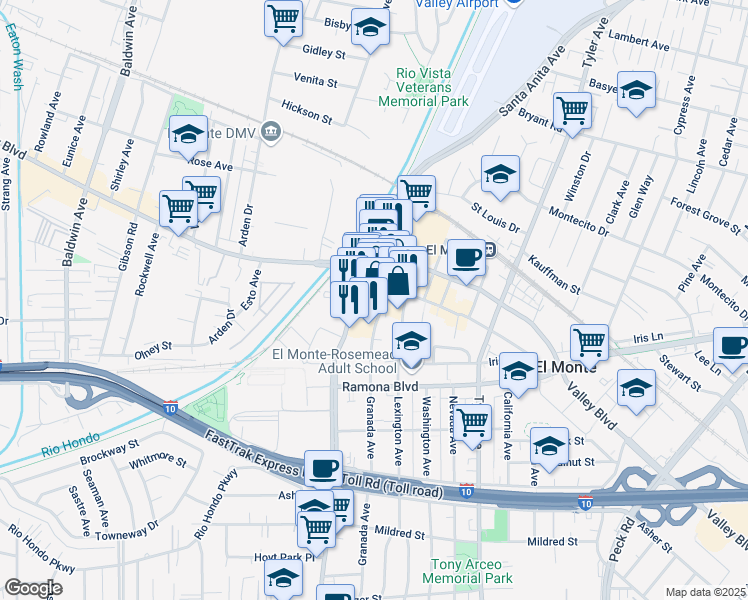 map of restaurants, bars, coffee shops, grocery stores, and more near 530 Main Street in El Monte