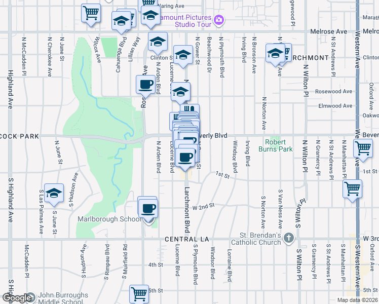 map of restaurants, bars, coffee shops, grocery stores, and more near 229 North Gower Street in Los Angeles