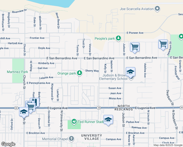 map of restaurants, bars, coffee shops, grocery stores, and more near 1531 Cheryl Street in Redlands