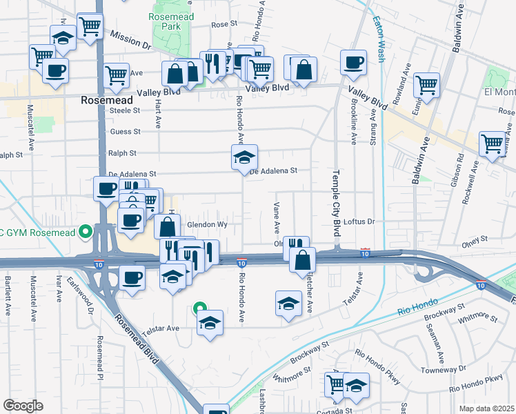 map of restaurants, bars, coffee shops, grocery stores, and more near 3565 Lashbrook Avenue in Rosemead
