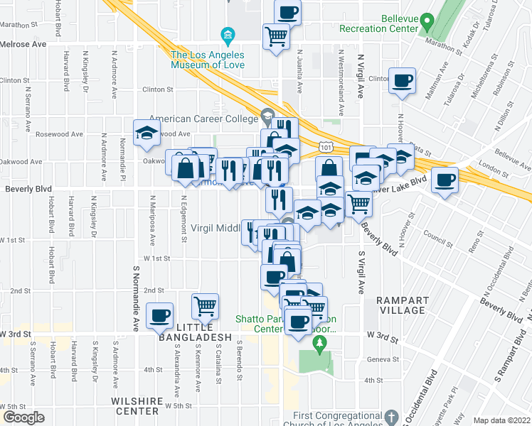 map of restaurants, bars, coffee shops, grocery stores, and more near 216 North New Hampshire Avenue in Los Angeles
