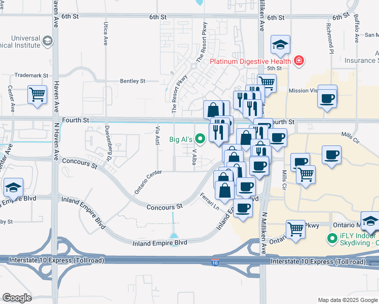 map of restaurants, bars, coffee shops, grocery stores, and more near 944 North Divino Privado in Ontario