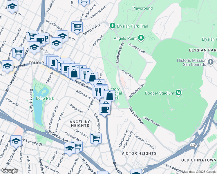 map of restaurants, bars, coffee shops, grocery stores, and more near 1315 Montana Street in Los Angeles