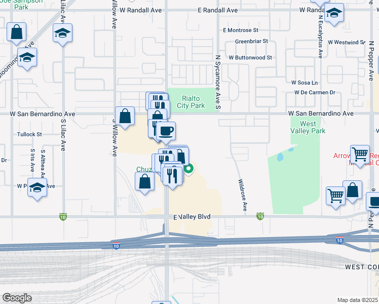 map of restaurants, bars, coffee shops, grocery stores, and more near 1441 South Riverside Avenue in Rialto