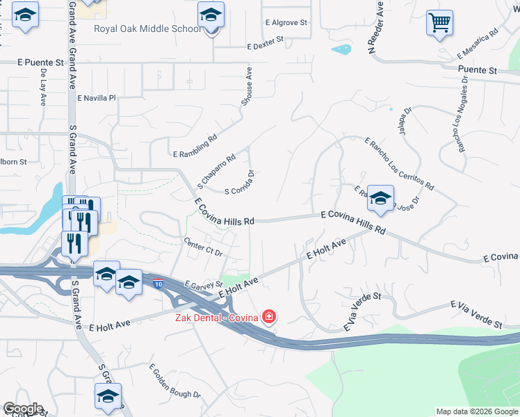 map of restaurants, bars, coffee shops, grocery stores, and more near 1425 East Covina Hills Road in Covina