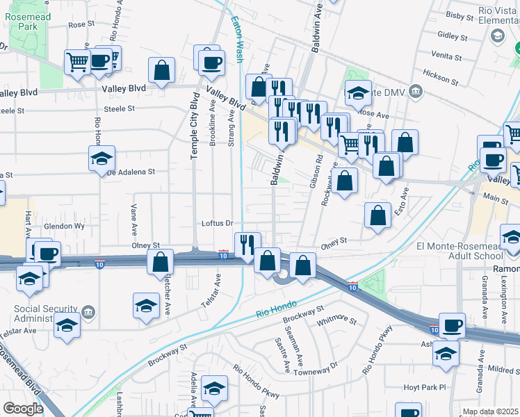 map of restaurants, bars, coffee shops, grocery stores, and more near 9912 Marshall Street in El Monte