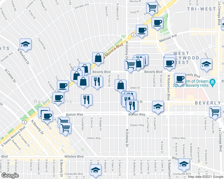 map of restaurants, bars, coffee shops, grocery stores, and more near 350 North Palm Drive in Beverly Hills