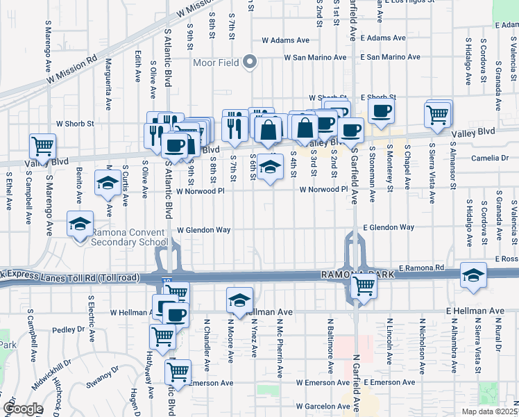 map of restaurants, bars, coffee shops, grocery stores, and more near 1620 South 6th Street in Alhambra