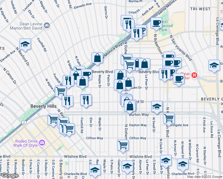 map of restaurants, bars, coffee shops, grocery stores, and more near 350 North Palm Drive in Beverly Hills