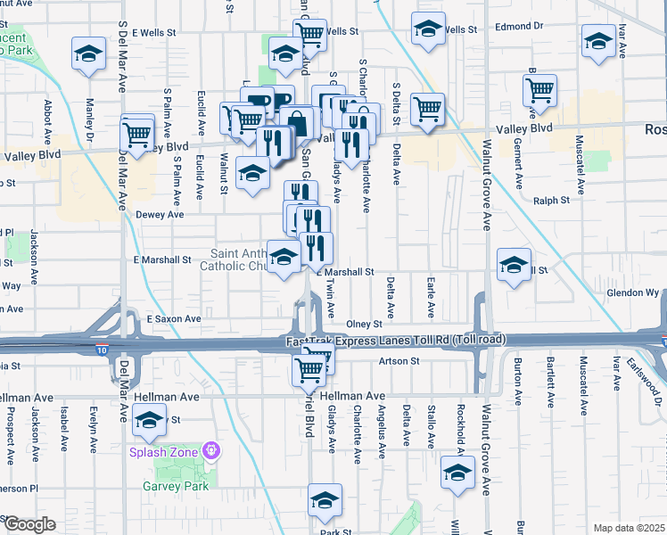 map of restaurants, bars, coffee shops, grocery stores, and more near 1848 South Gladys Avenue in San Gabriel