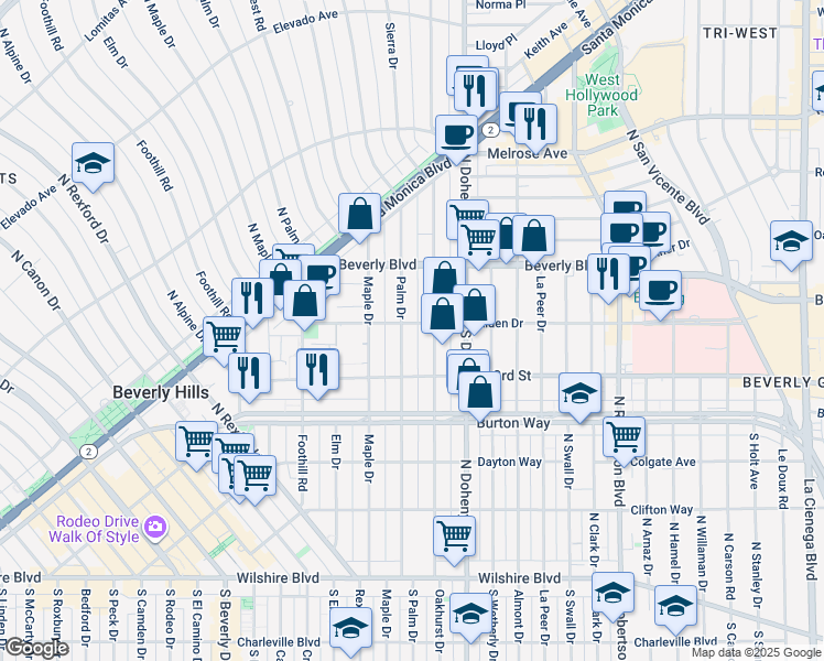 map of restaurants, bars, coffee shops, grocery stores, and more near 350 North Palm Drive in Beverly Hills