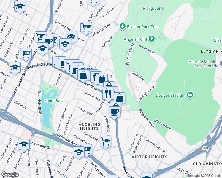 map of restaurants, bars, coffee shops, grocery stores, and more near 1327 Douglas Street in Los Angeles