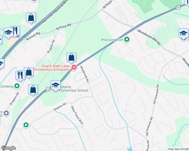 map of restaurants, bars, coffee shops, grocery stores, and more near 4260 Bridgeton Court in Suwanee