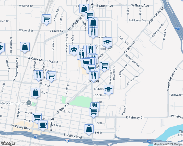 map of restaurants, bars, coffee shops, grocery stores, and more near 1045 North Mount Vernon Avenue in Colton