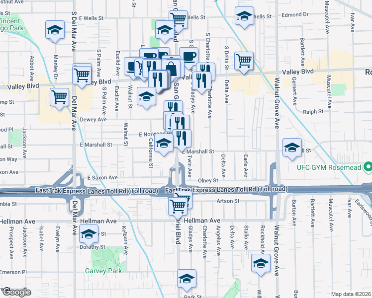 map of restaurants, bars, coffee shops, grocery stores, and more near 809 East Marshall Street in San Gabriel