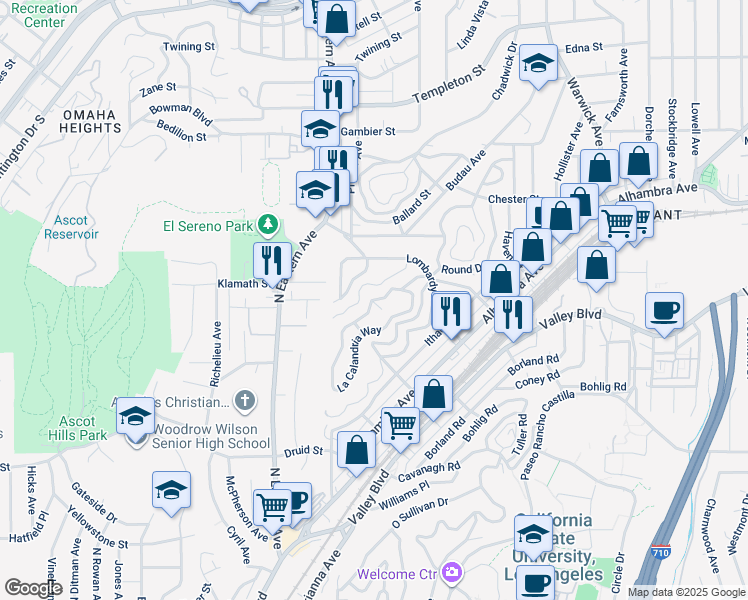 map of restaurants, bars, coffee shops, grocery stores, and more near 4982 La Calandria Drive in Los Angeles
