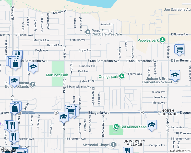 map of restaurants, bars, coffee shops, grocery stores, and more near 1543 Carolyn Court in Redlands