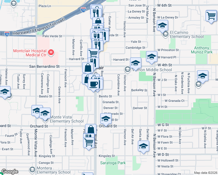 map of restaurants, bars, coffee shops, grocery stores, and more near 9817 Saratoga Avenue in Montclair