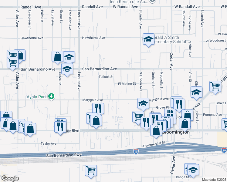 map of restaurants, bars, coffee shops, grocery stores, and more near 18325 El Molino Street in Bloomington