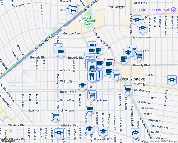 map of restaurants, bars, coffee shops, grocery stores, and more near 100 North Clark Drive in West Hollywood