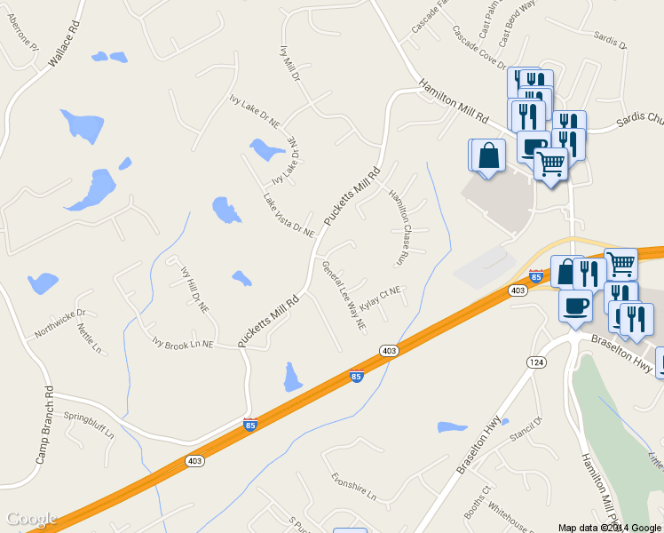 map of restaurants, bars, coffee shops, grocery stores, and more near 2765 General Lee Way Northeast in Buford