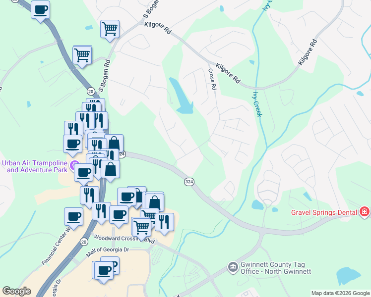 map of restaurants, bars, coffee shops, grocery stores, and more near 3305 Coles Creek Drive in Buford