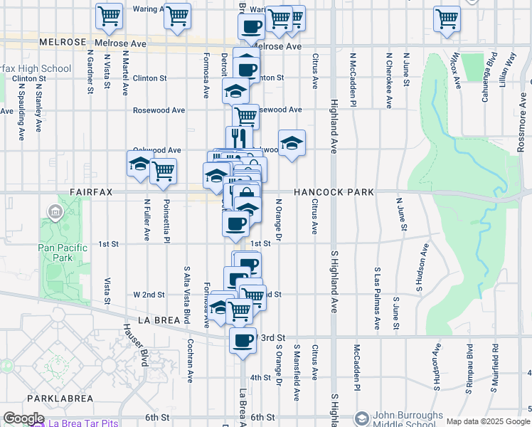 map of restaurants, bars, coffee shops, grocery stores, and more near 154 North Sycamore Avenue in Los Angeles