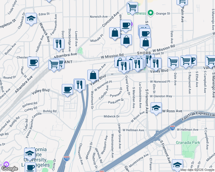 map of restaurants, bars, coffee shops, grocery stores, and more near 1641 Cabrillo Avenue in Alhambra