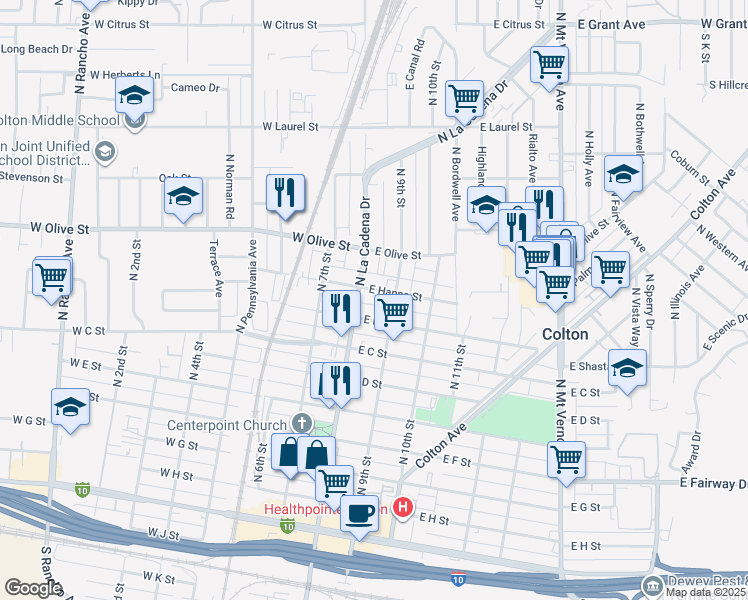 map of restaurants, bars, coffee shops, grocery stores, and more near 1024 North La Cadena Drive in Colton