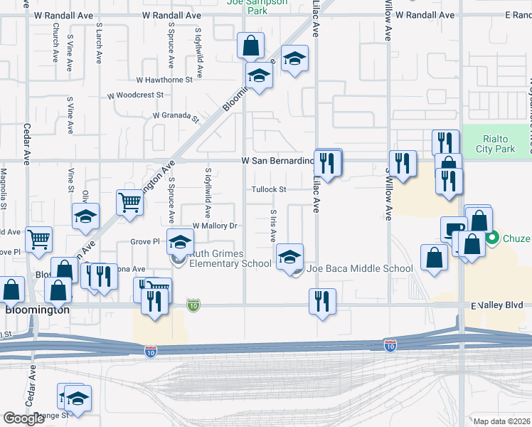 map of restaurants, bars, coffee shops, grocery stores, and more near 659 West El Molino Street in Bloomington