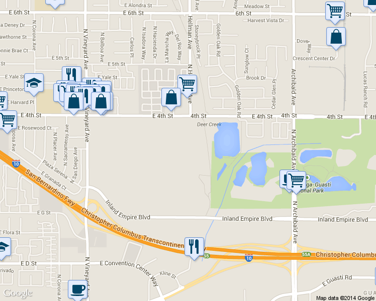 map of restaurants, bars, coffee shops, grocery stores, and more near 2234 East 4th Street in Ontario