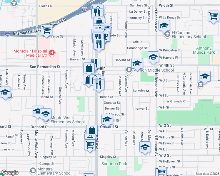 map of restaurants, bars, coffee shops, grocery stores, and more near 9817 Saratoga Avenue in Montclair