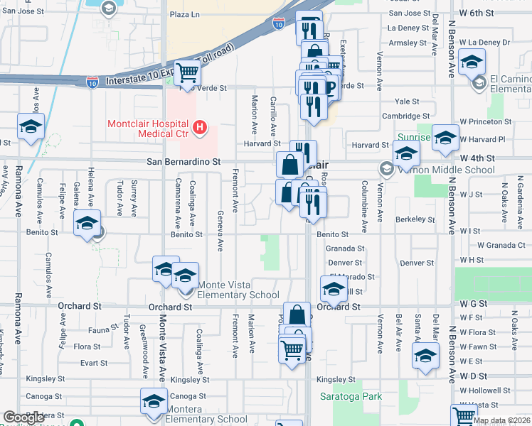 map of restaurants, bars, coffee shops, grocery stores, and more near 5193 Steamboat Drive in Montclair