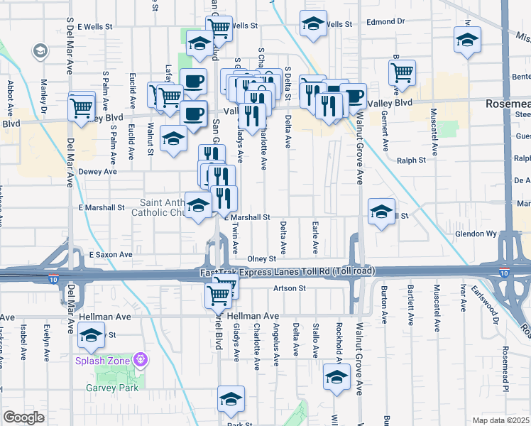 map of restaurants, bars, coffee shops, grocery stores, and more near 3718 South Charlotte Avenue in San Gabriel