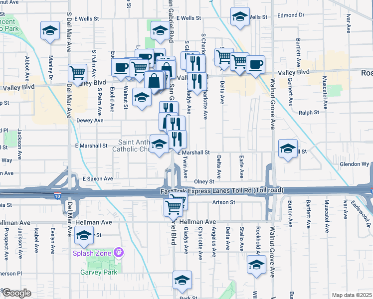 map of restaurants, bars, coffee shops, grocery stores, and more near 1848 South Gladys Avenue in San Gabriel