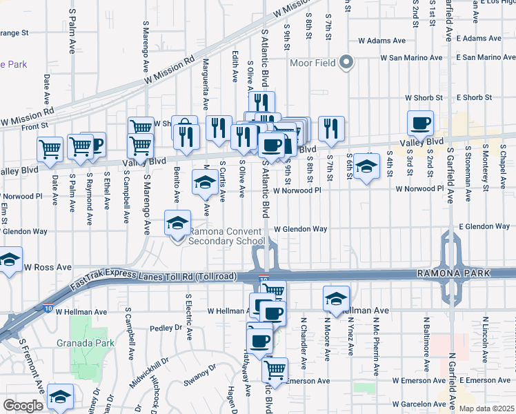 map of restaurants, bars, coffee shops, grocery stores, and more near 1608 South Olive Avenue in Alhambra