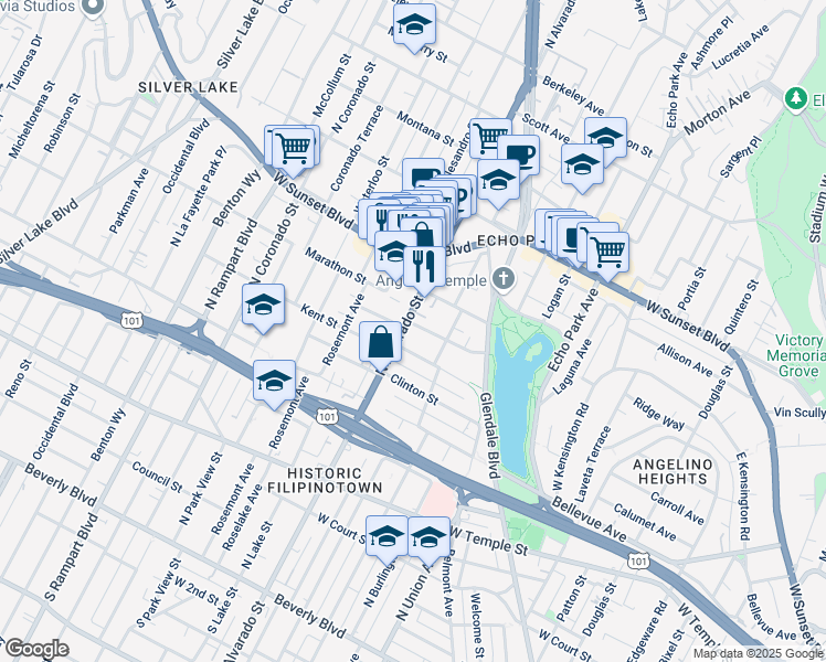 map of restaurants, bars, coffee shops, grocery stores, and more near 908 North Alvarado Street in Los Angeles