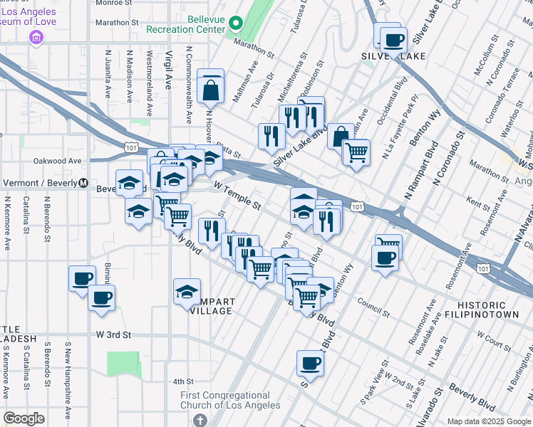 map of restaurants, bars, coffee shops, grocery stores, and more near 3121 West Temple Street in Los Angeles