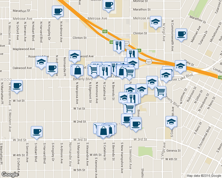 map of restaurants, bars, coffee shops, grocery stores, and more near 3960 Beverly Boulevard in Los Angeles