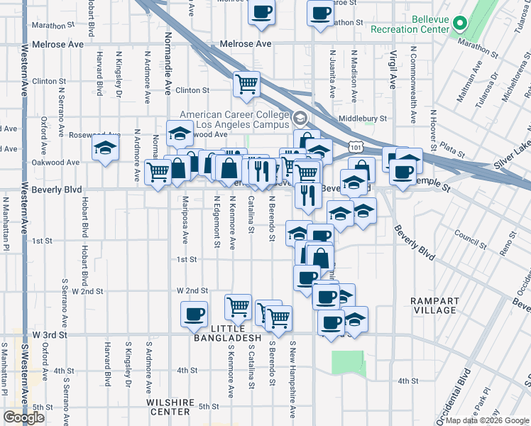 map of restaurants, bars, coffee shops, grocery stores, and more near 3960 Beverly Boulevard in Los Angeles