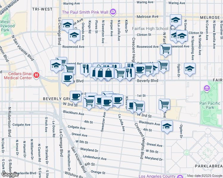 map of restaurants, bars, coffee shops, grocery stores, and more near 136 North Sweetzer Avenue in Los Angeles
